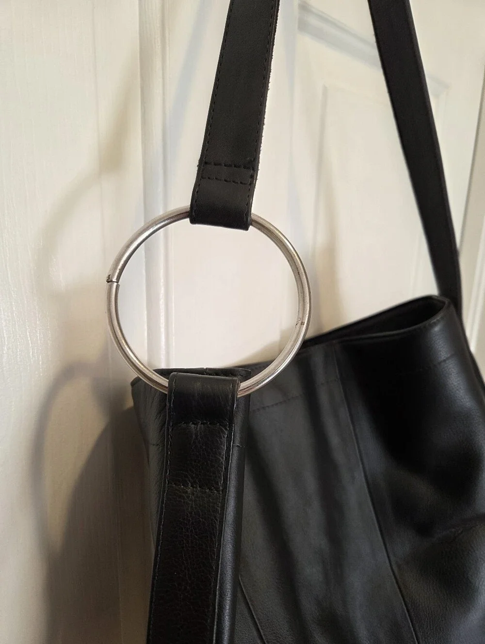 Black Leather Shoulder Bag with Silver Ring Detail, NorthStyle
